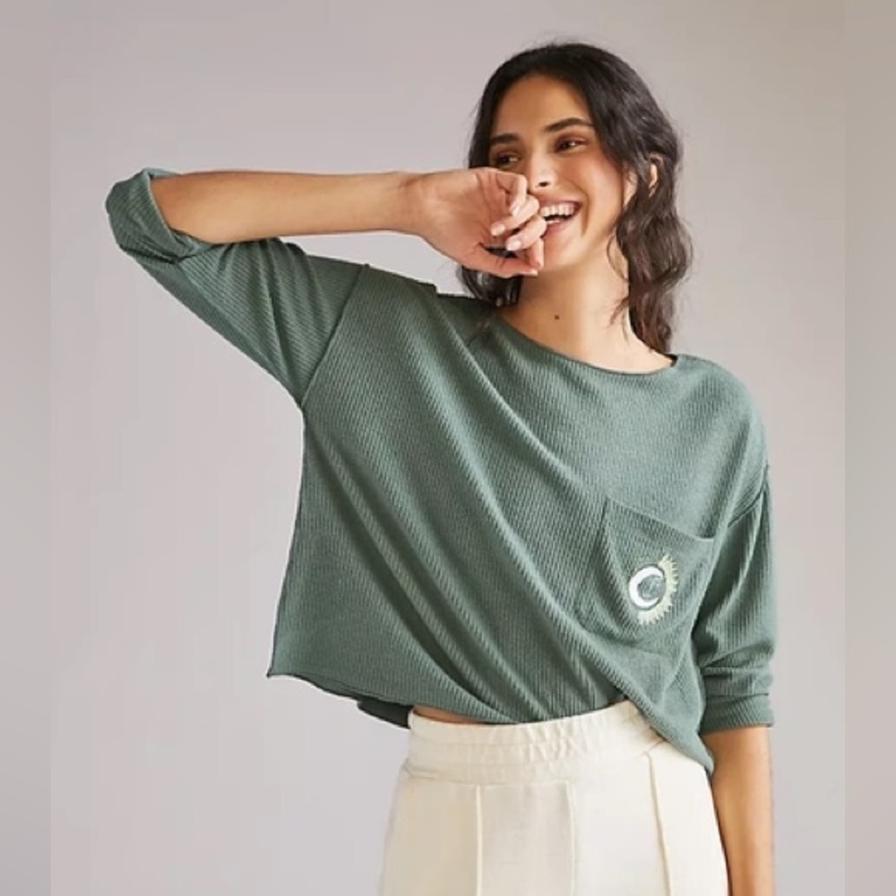 Anthropologie Sun & Moon Pocket Waffle Top by Daily Practice - Green - S
